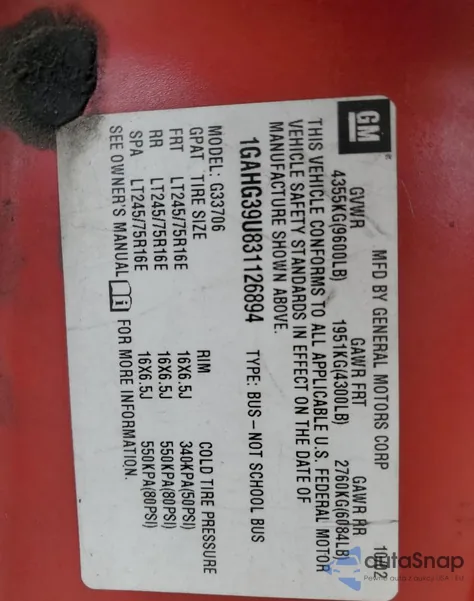 2003 Chevrolet Express G3500 z USA, uszkodzony, nr VIN 1GAHG39U831126894